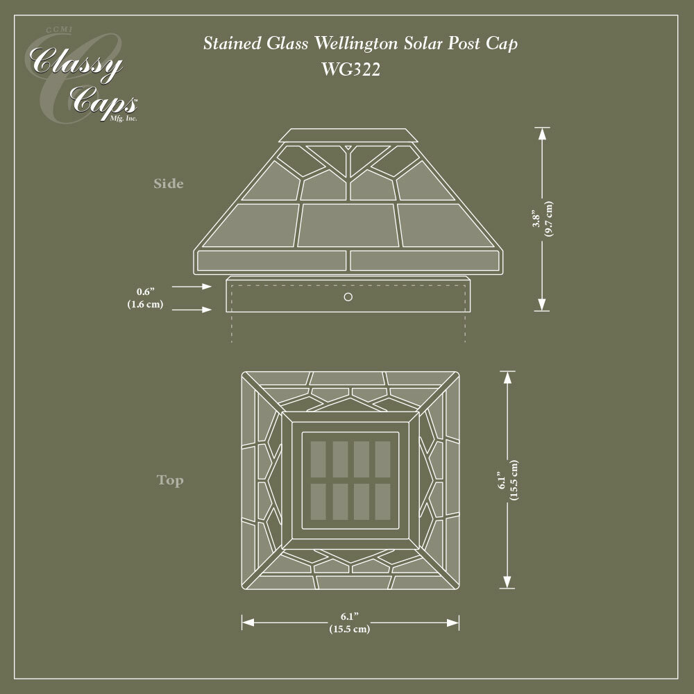 LED Solar Stained Glass Wellington Post Cap Light Dimensions